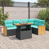 6 Piece Garden Sofa Set with Cushions Black Poly Rattan Acacia