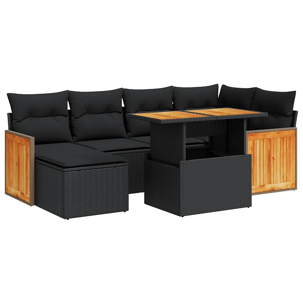 7 Piece Garden Sofa Set with Cushions Black Poly Rattan Acacia