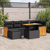 7 Piece Garden Sofa Set with Cushions Black Poly Rattan Acacia