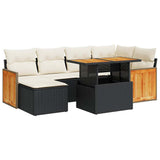 7 Piece Garden Sofa Set with Cushions Black Poly Rattan Acacia