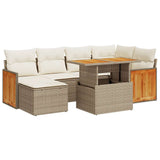 7 Piece Garden Sofa Set with Cushions Beige Poly Rattan Acacia