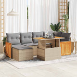 7 Piece Garden Sofa Set with Cushions Beige Poly Rattan Acacia