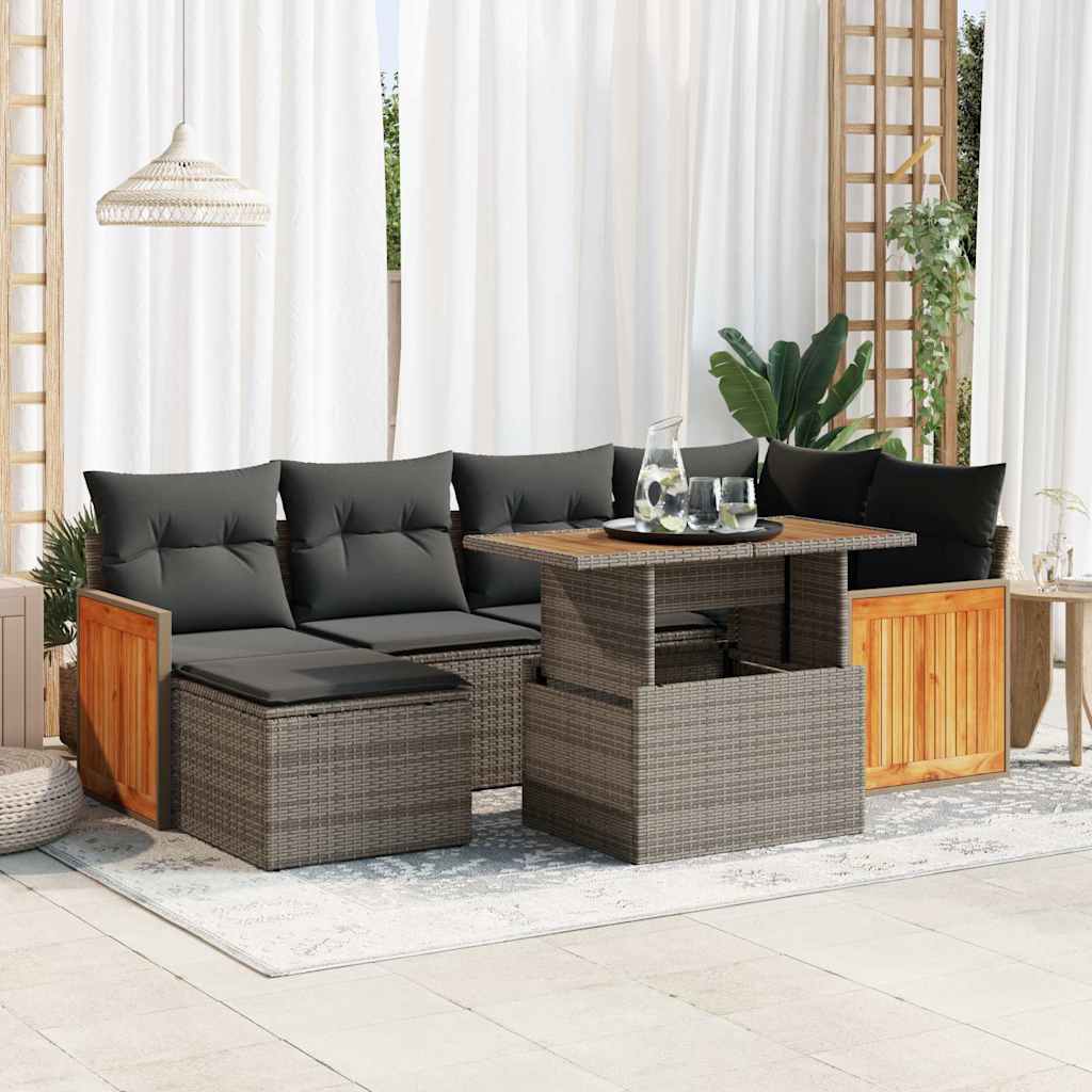 7 Piece Garden Sofa Set with Cushions Grey Poly Rattan Acacia