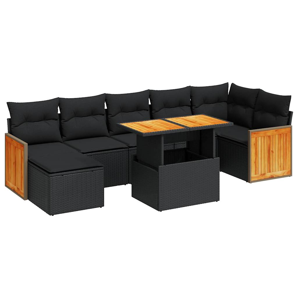 8 Piece Garden Sofa Set with Cushions Black Poly Rattan Acacia