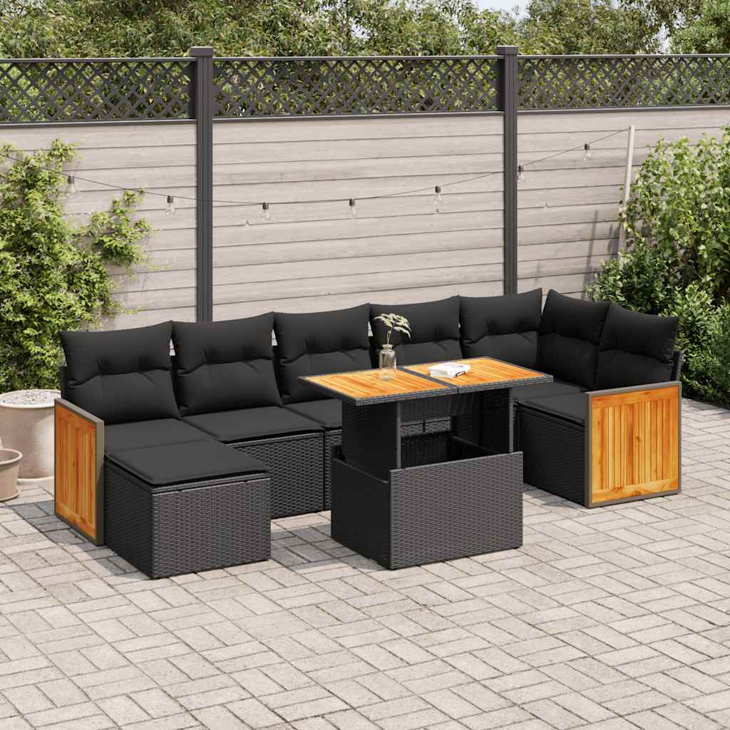 8 Piece Garden Sofa Set with Cushions Black Poly Rattan Acacia