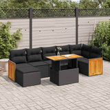 8 Piece Garden Sofa Set with Cushions Black Poly Rattan Acacia