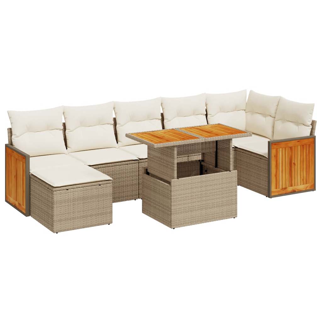 8 Piece Garden Sofa Set with Cushions Beige Poly Rattan Acacia