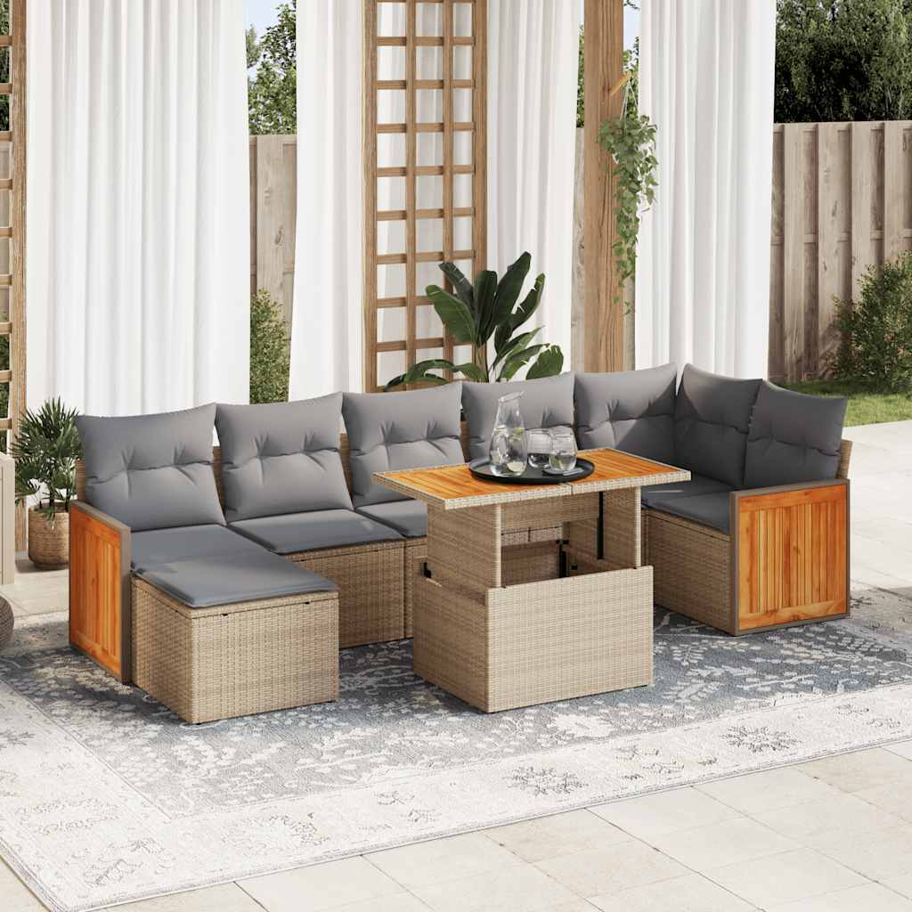 8 Piece Garden Sofa Set with Cushions Beige Poly Rattan Acacia