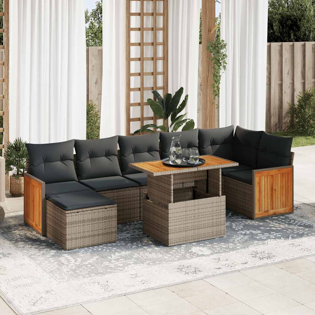 8 Piece Garden Sofa Set with Cushions Grey Poly Rattan Acacia