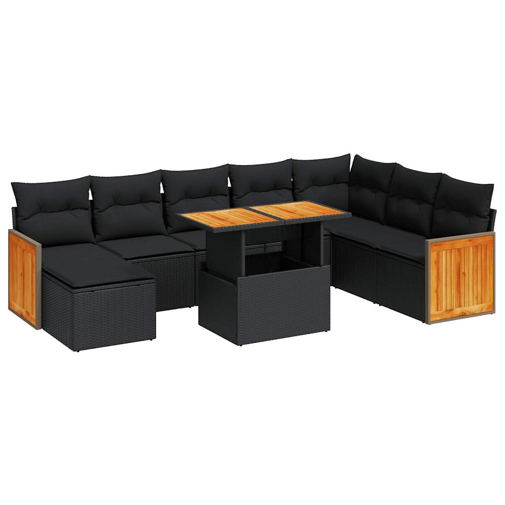 9 Piece Garden Sofa Set with Cushions Black Poly Rattan Acacia