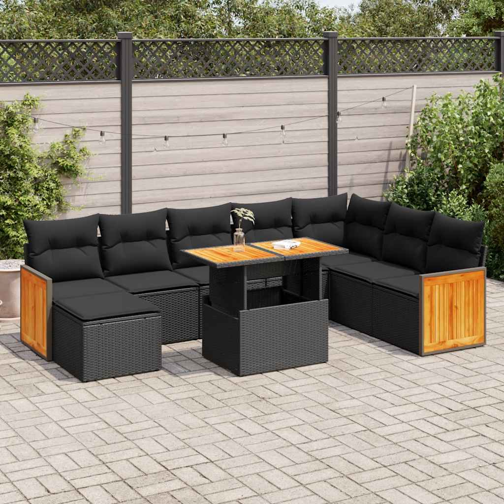 9 Piece Garden Sofa Set with Cushions Black Poly Rattan Acacia