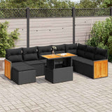 9 Piece Garden Sofa Set with Cushions Black Poly Rattan Acacia