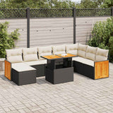 9 Piece Garden Sofa Set with Cushions Black Poly Rattan Acacia