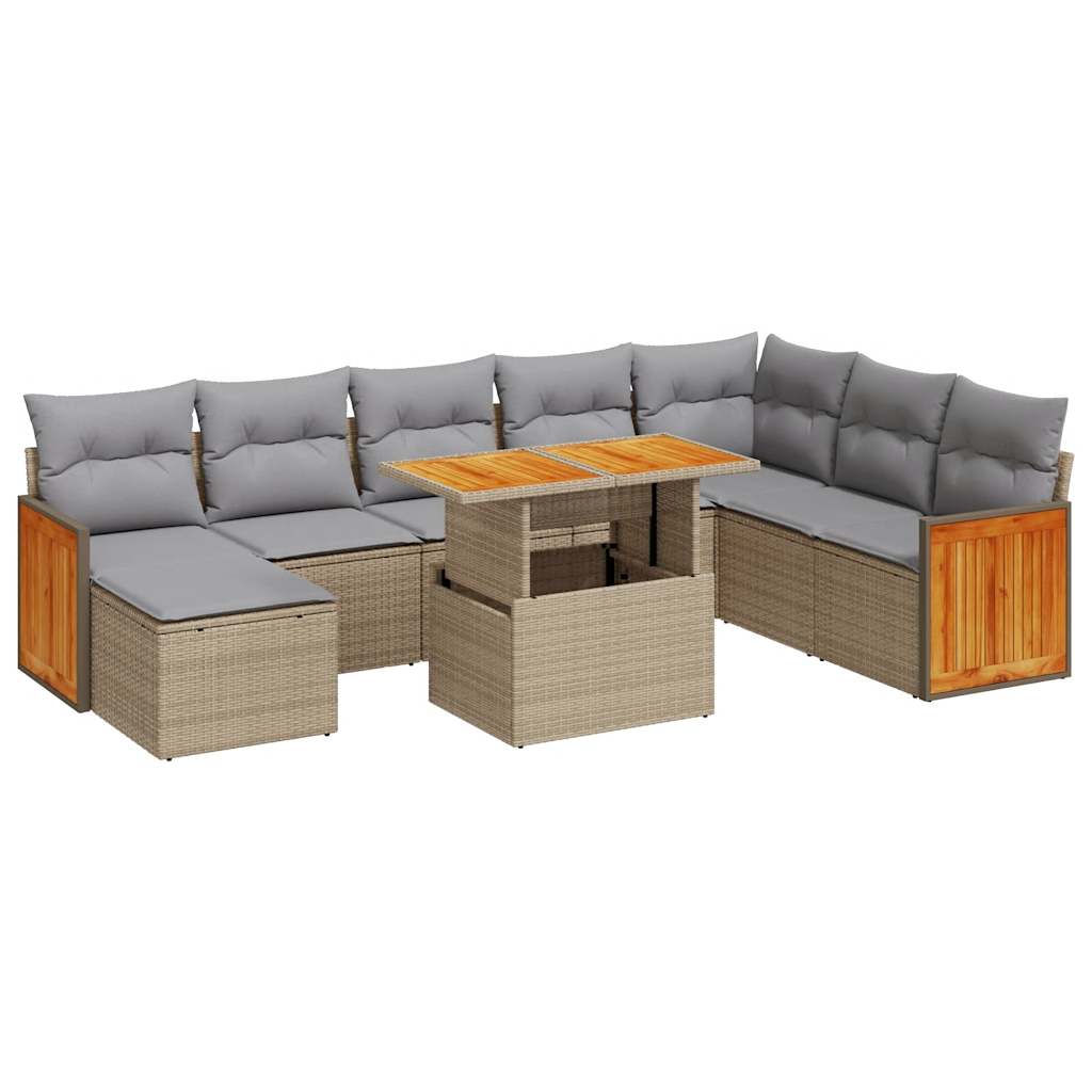 9 Piece Garden Sofa Set with Cushions Beige Poly Rattan Acacia