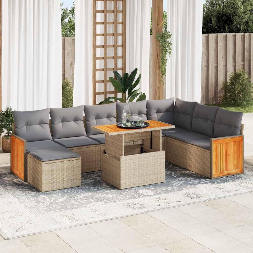 9 Piece Garden Sofa Set with Cushions Beige Poly Rattan Acacia