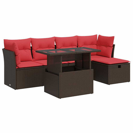 6 Piece Garden Sofa Set with Cushions Brown Poly Rattan Acacia