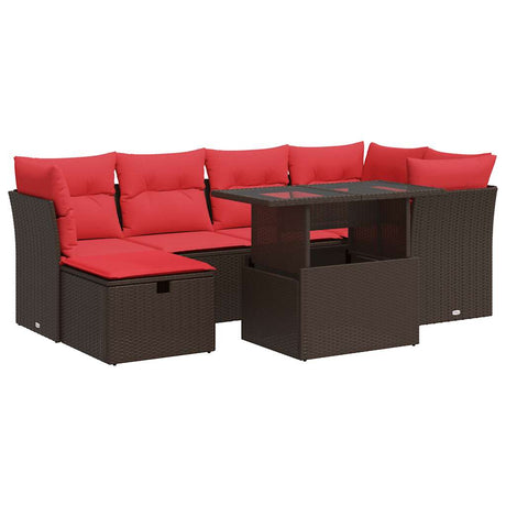 7 Piece Garden Sofa Set with Cushions Brown Poly Rattan Acacia