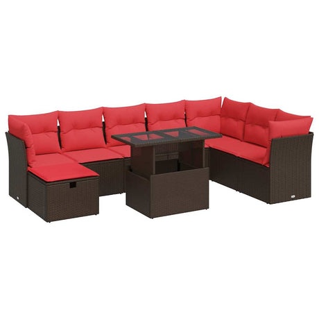 9 Piece Garden Sofa Set with Cushions Brown Poly Rattan Acacia