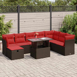 9 Piece Garden Sofa Set with Cushions Brown Poly Rattan Acacia