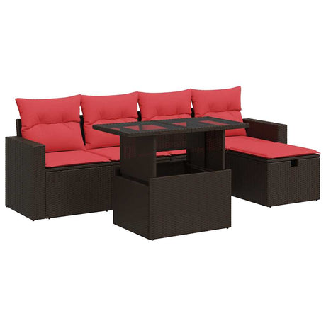 6 Piece Garden Sofa Set with Cushions Brown Poly Rattan Acacia