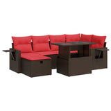 7 Piece Garden Sofa Set with Cushions Brown Poly Rattan Acacia