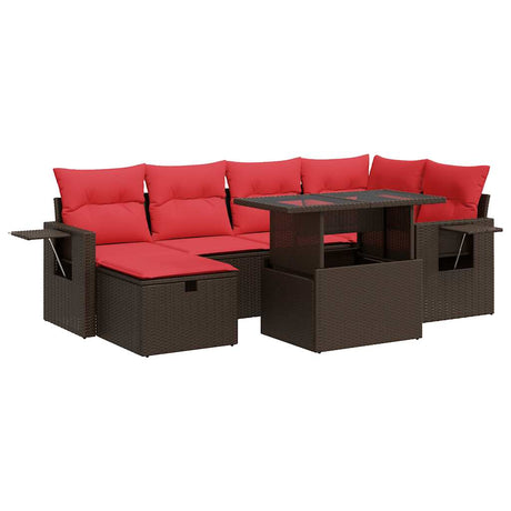 7 Piece Garden Sofa Set with Cushions Brown Poly Rattan Acacia