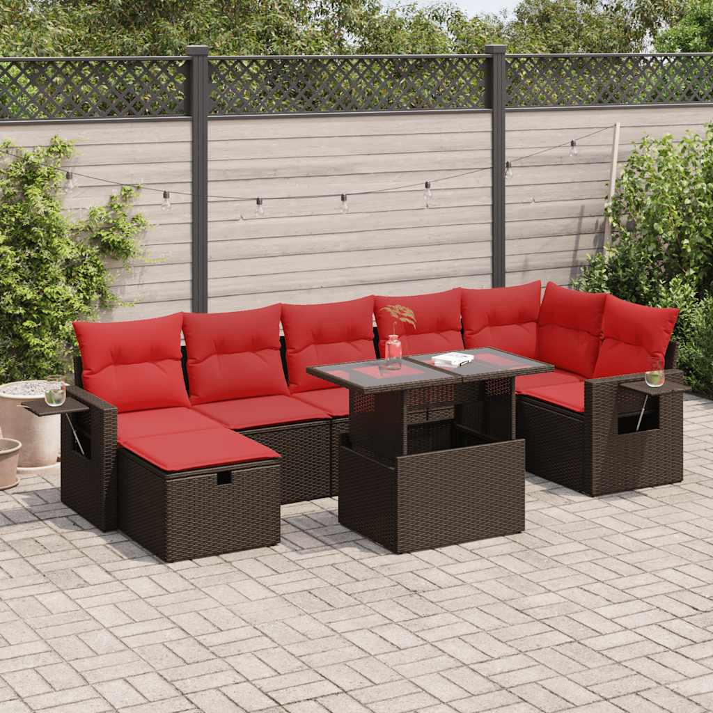 8 Piece Garden Sofa Set with Cushions Brown Poly Rattan Acacia