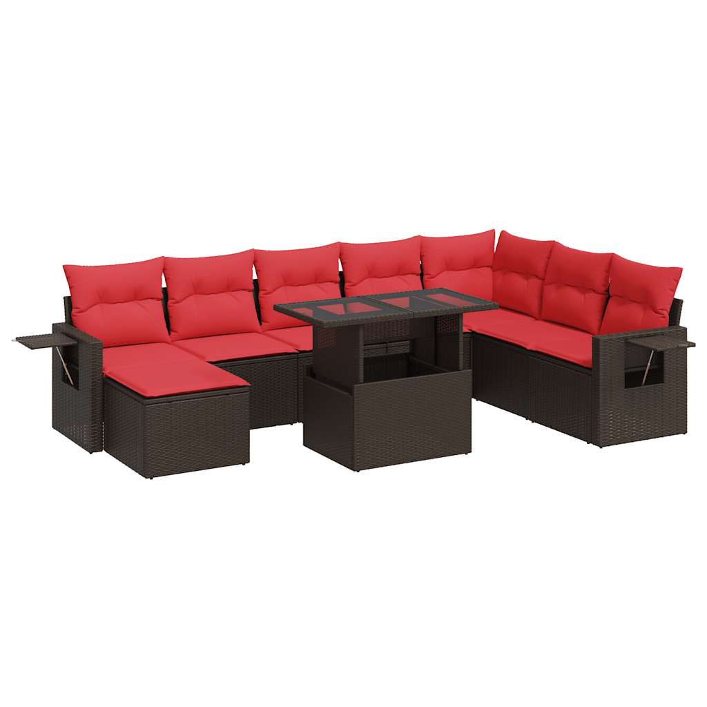 9 Piece Garden Sofa Set with Cushions Brown Poly Rattan Acacia