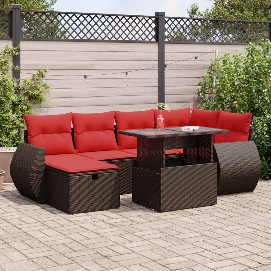 7 Piece Garden Sofa Set with Cushions Brown Poly Rattan