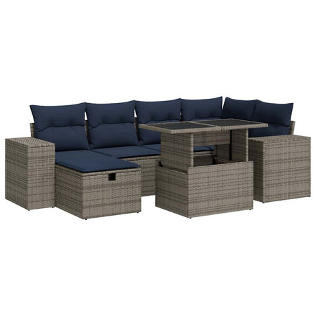 7 Piece Garden Sofa Set with Cushions Brown Poly Rattan Acacia