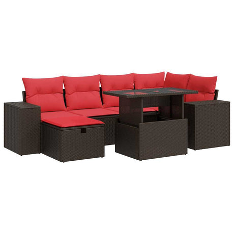 7 Piece Garden Sofa Set with Cushions Black Poly Rattan Acacia
