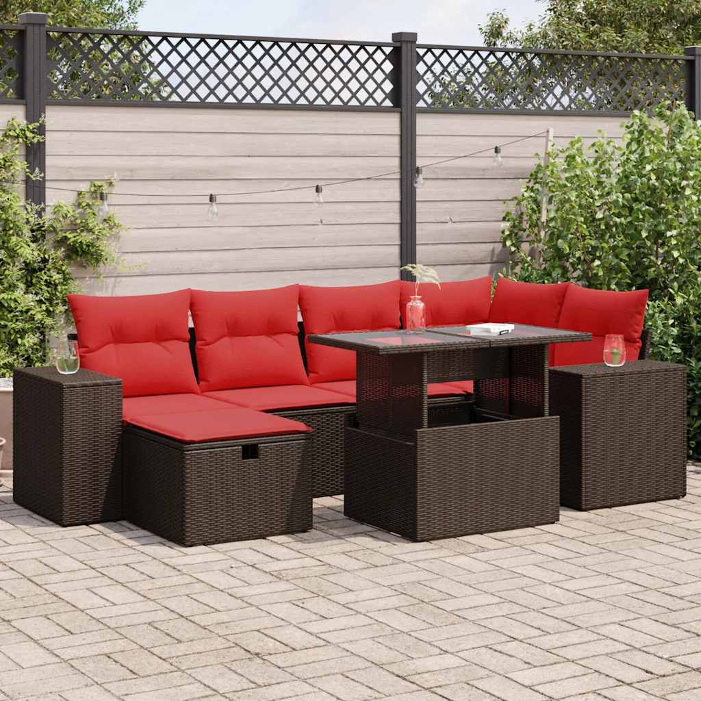 7 Piece Garden Sofa Set with Cushions Black Poly Rattan Acacia