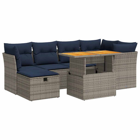 7 Piece Garden Sofa Set with Cushions Black Poly Rattan Acacia
