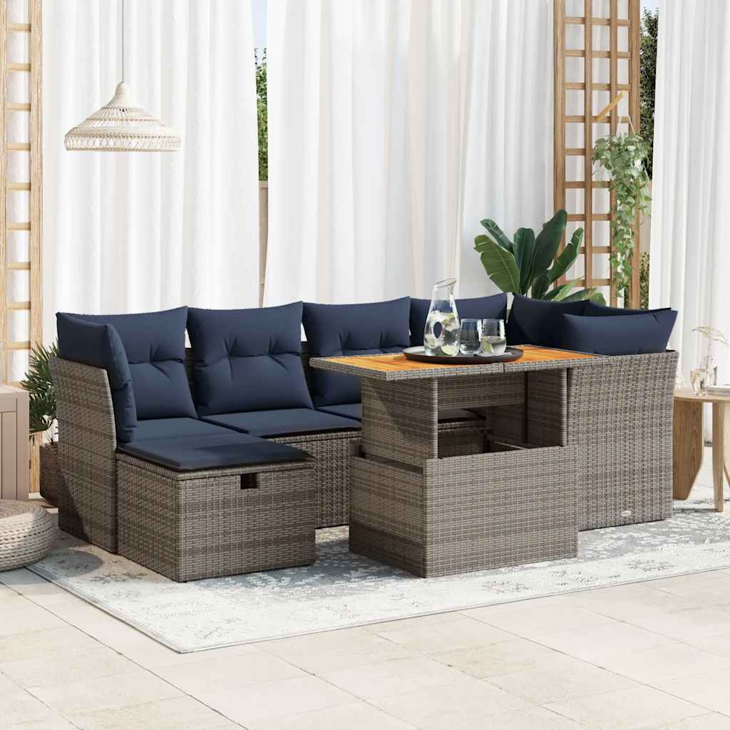 7 Piece Garden Sofa Set with Cushions Black Poly Rattan Acacia