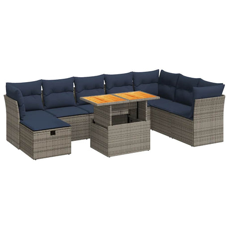 9 Piece Garden Sofa Set with Cushions Brown Poly Rattan Acacia