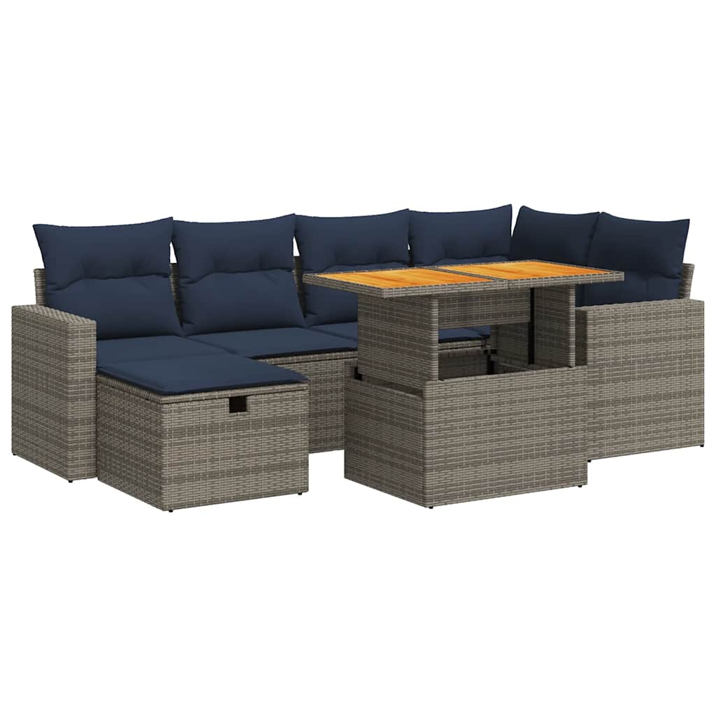 7 Piece Garden Sofa Set with Cushions Black Poly Rattan Acacia