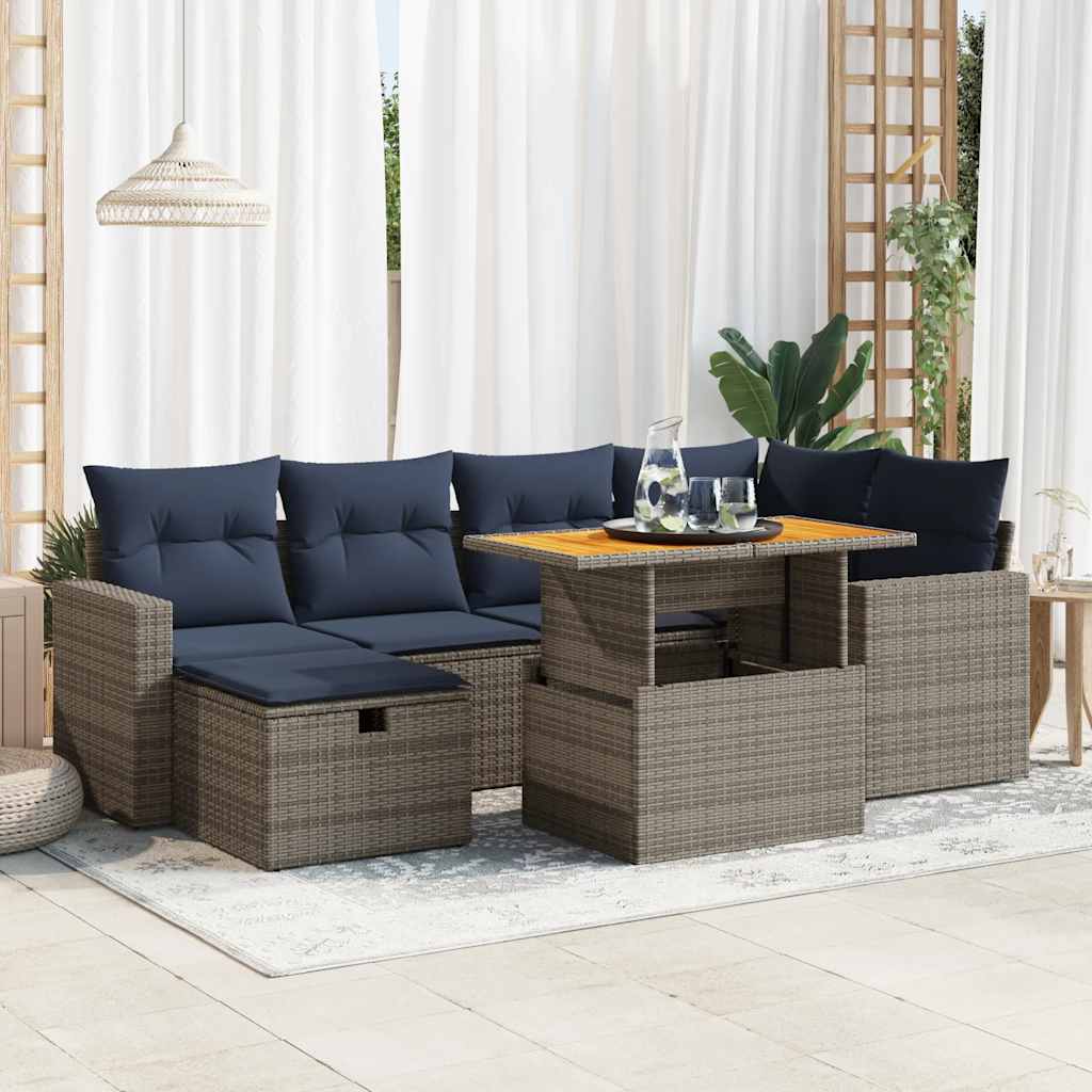 7 Piece Garden Sofa Set with Cushions Black Poly Rattan Acacia