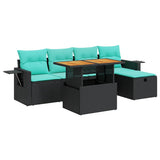 6 Piece Garden Sofa Set with Cushions Black Poly Rattan Acacia