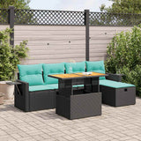 6 Piece Garden Sofa Set with Cushions Black Poly Rattan Acacia