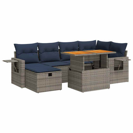 7 Piece Garden Sofa Set with Cushions Black Poly Rattan Acacia
