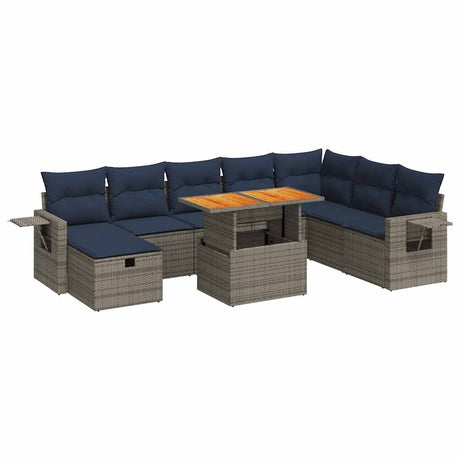 9 Piece Garden Sofa Set with Cushions Grey Poly Rattan Acacia