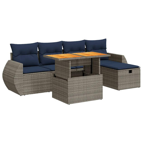 6 Piece Garden Sofa Set with Cushions Black Poly Rattan Acacia