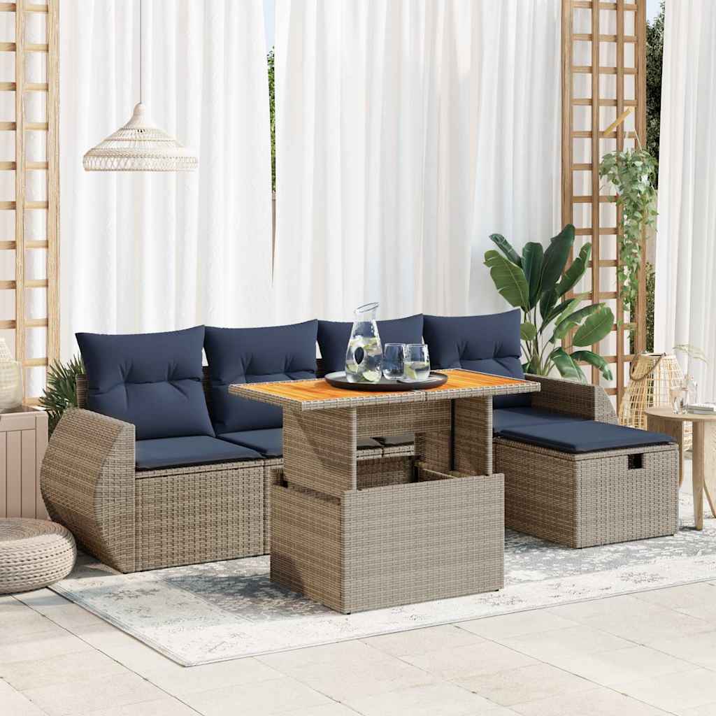 6 Piece Garden Sofa Set with Cushions Black Poly Rattan Acacia