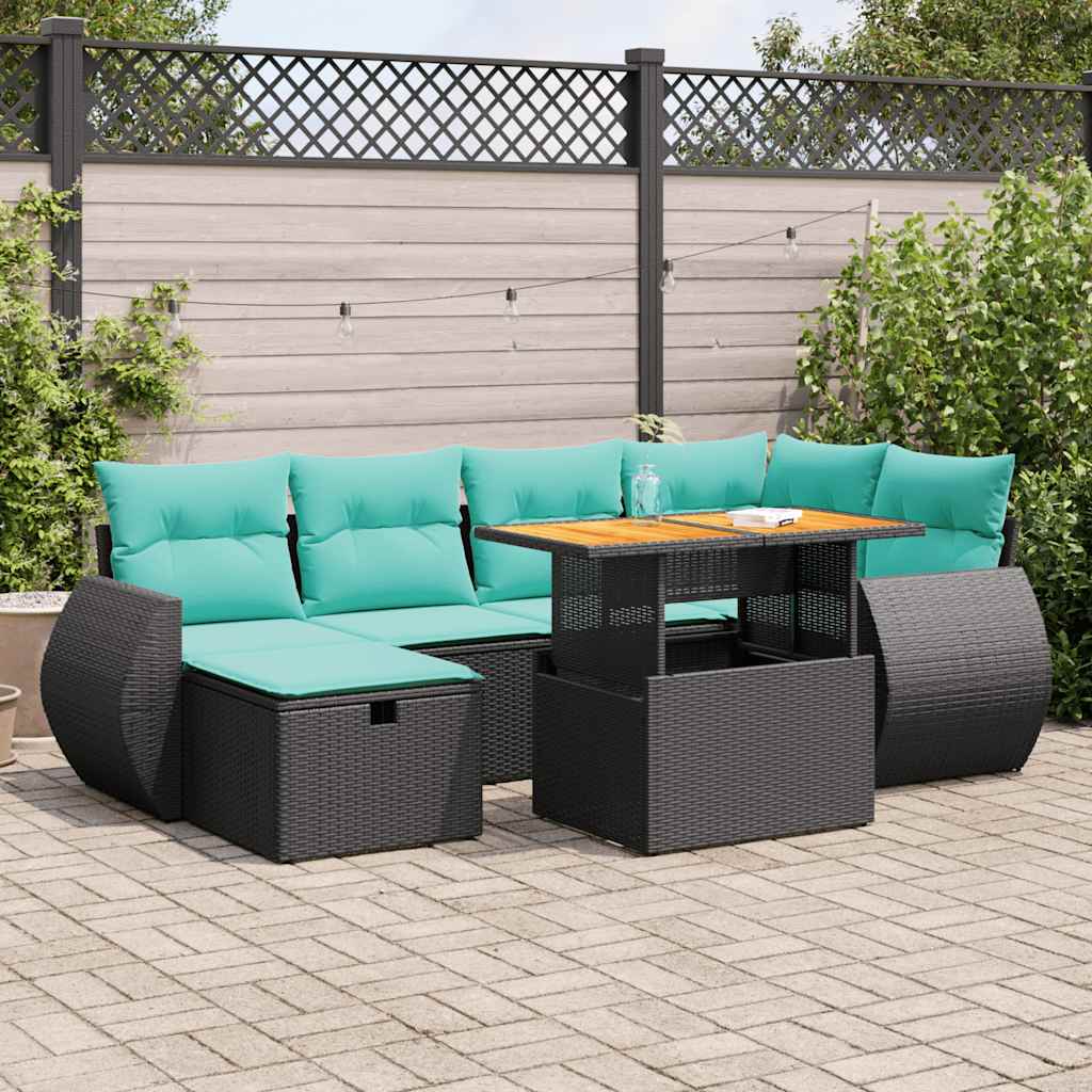 7 Piece Garden Sofa Set with Cushions Grey Poly Rattan Acacia