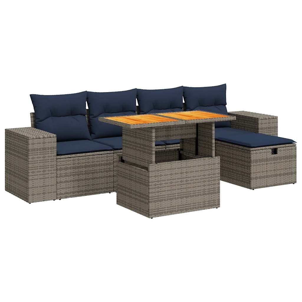 6 Piece Garden Sofa Set with Cushions Black Poly Rattan Acacia