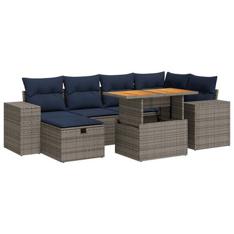 7 Piece Garden Sofa Set with Cushions Brown Poly Rattan Acacia