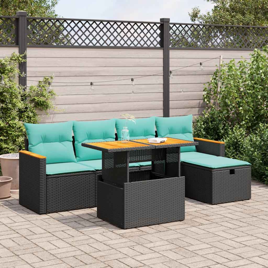 6 Piece Garden Sofa Set with Cushions Black Poly Rattan Acacia