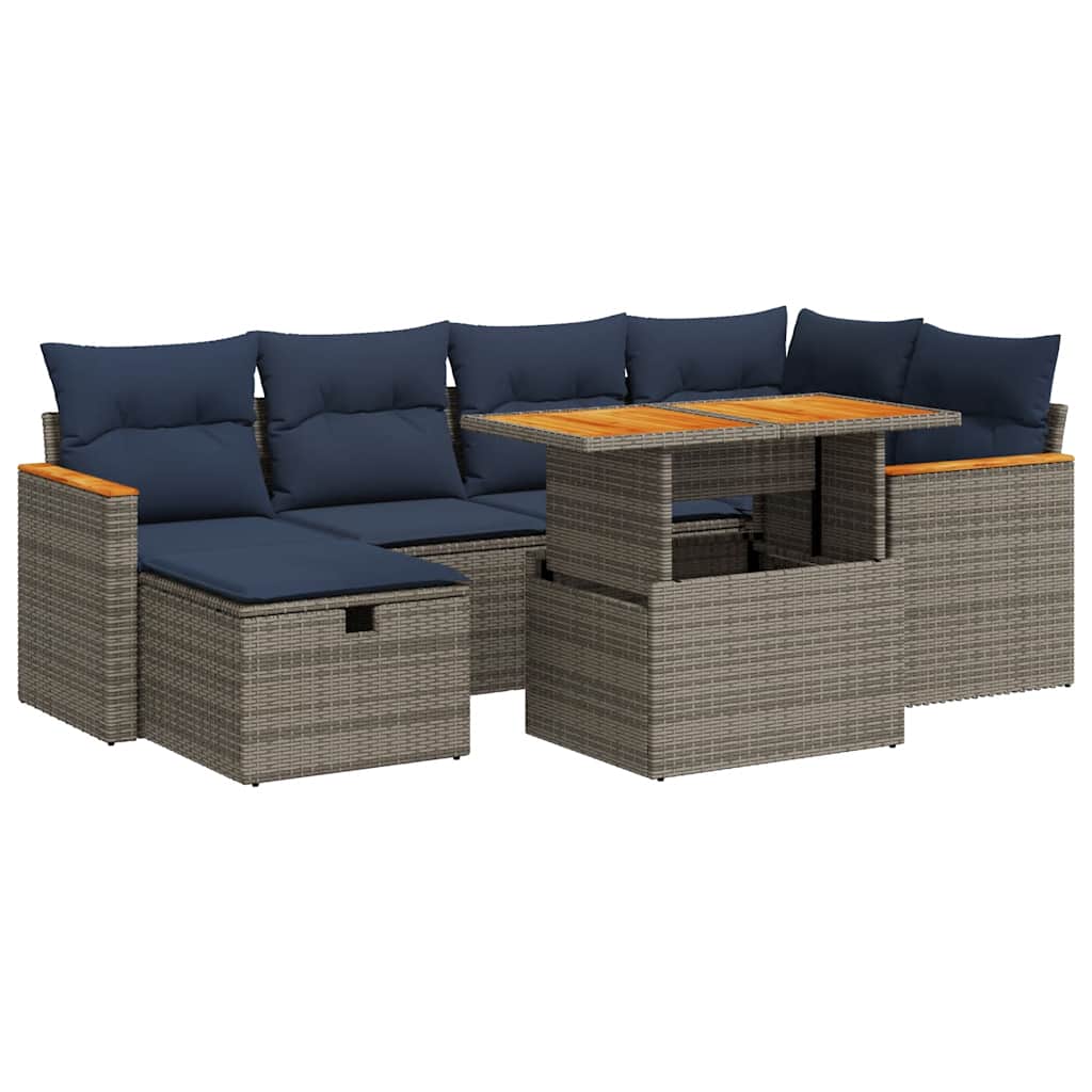 7 Piece Garden Sofa Set with Cushions Grey Poly Rattan Acacia