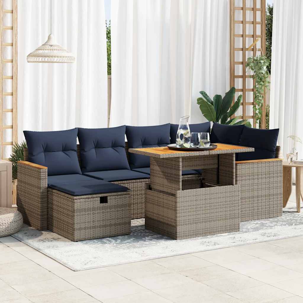 7 Piece Garden Sofa Set with Cushions Grey Poly Rattan Acacia