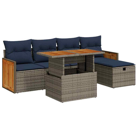 6 Piece Garden Sofa Set with Cushions Grey Poly Rattan Acacia